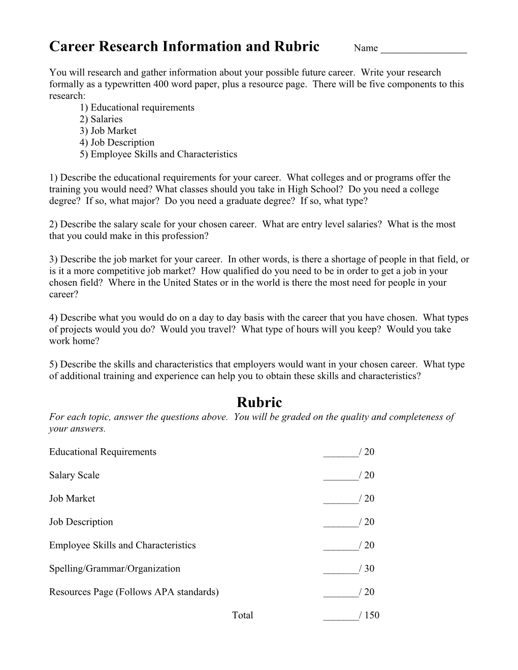 Career Research Information and Rubric