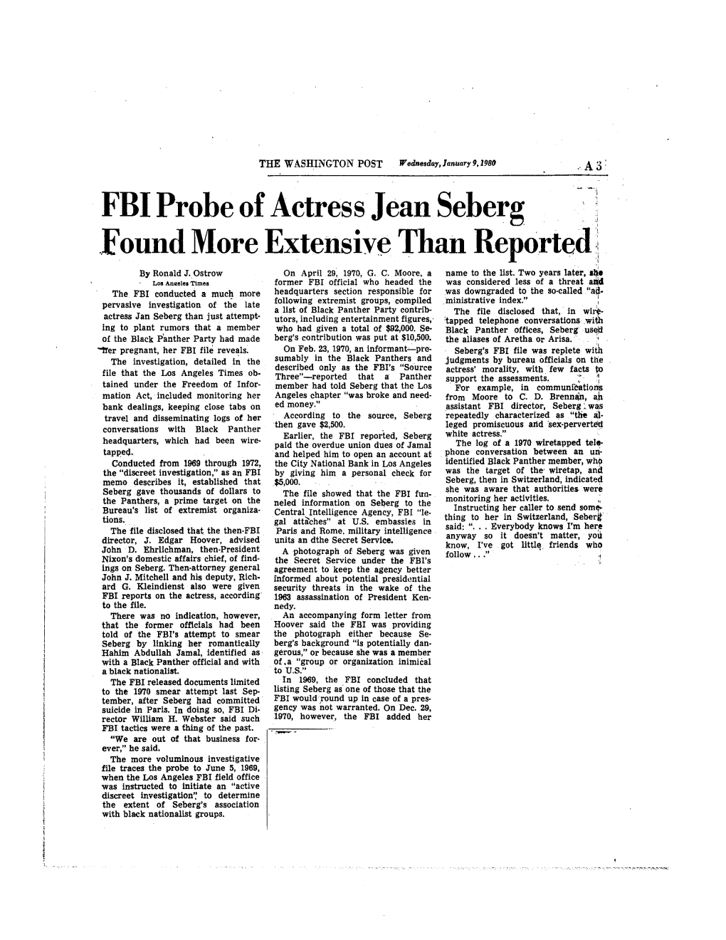FBI Probe of Actress Jean Seberg Found More Extensive Than Reported by Ronald J