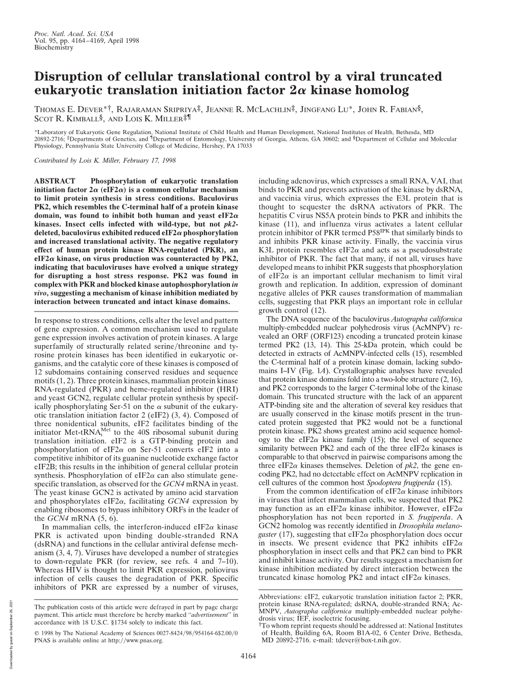 Disruption of Cellular Translational Control by a Viral Truncated Eukaryotic Translation Initiation Factor 2␣ Kinase Homolog