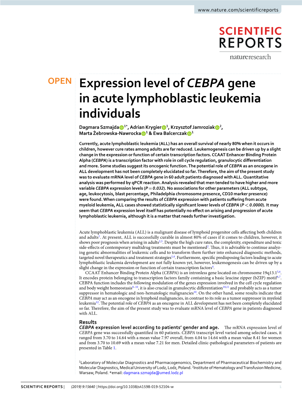 Expression Level of CEBPA Gene in Acute Lymphoblastic Leukemia