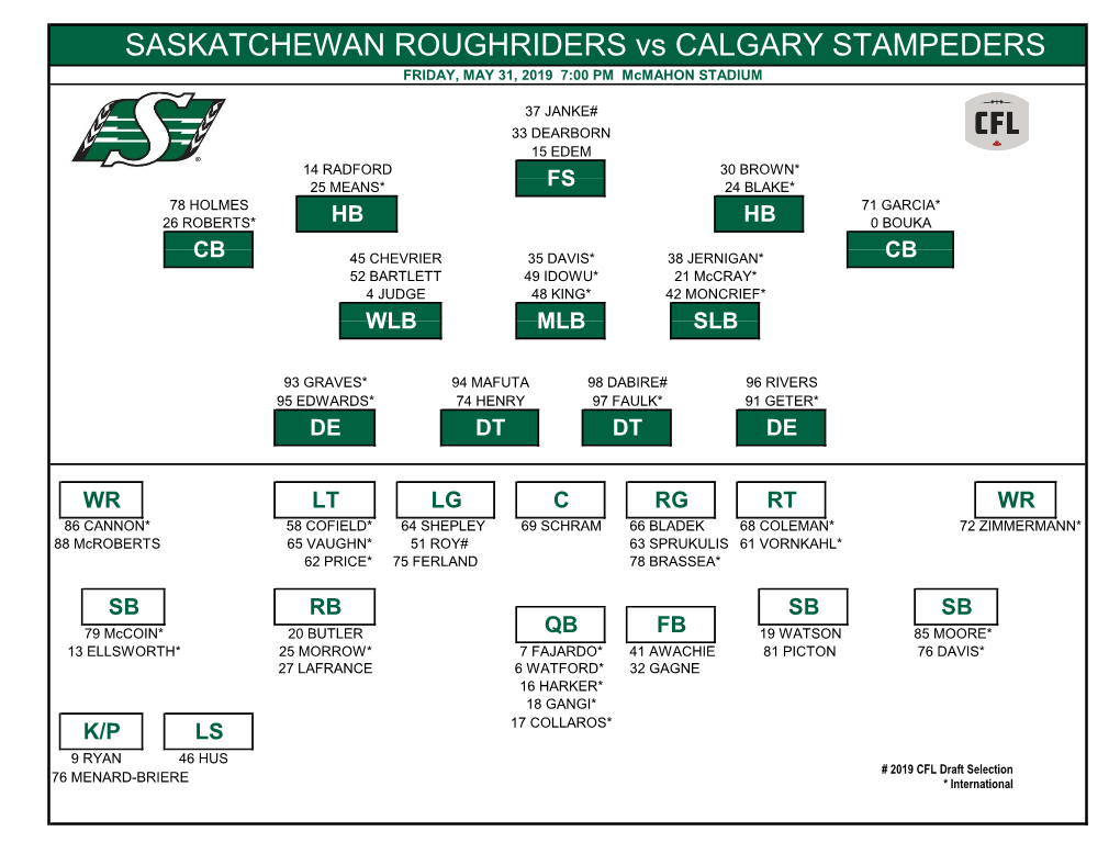 SASKATCHEWAN ROUGHRIDERS Vs CALGARY STAMPEDERS FRIDAY, MAY 31, 2019 7:00 PM Mcmahon STADIUM