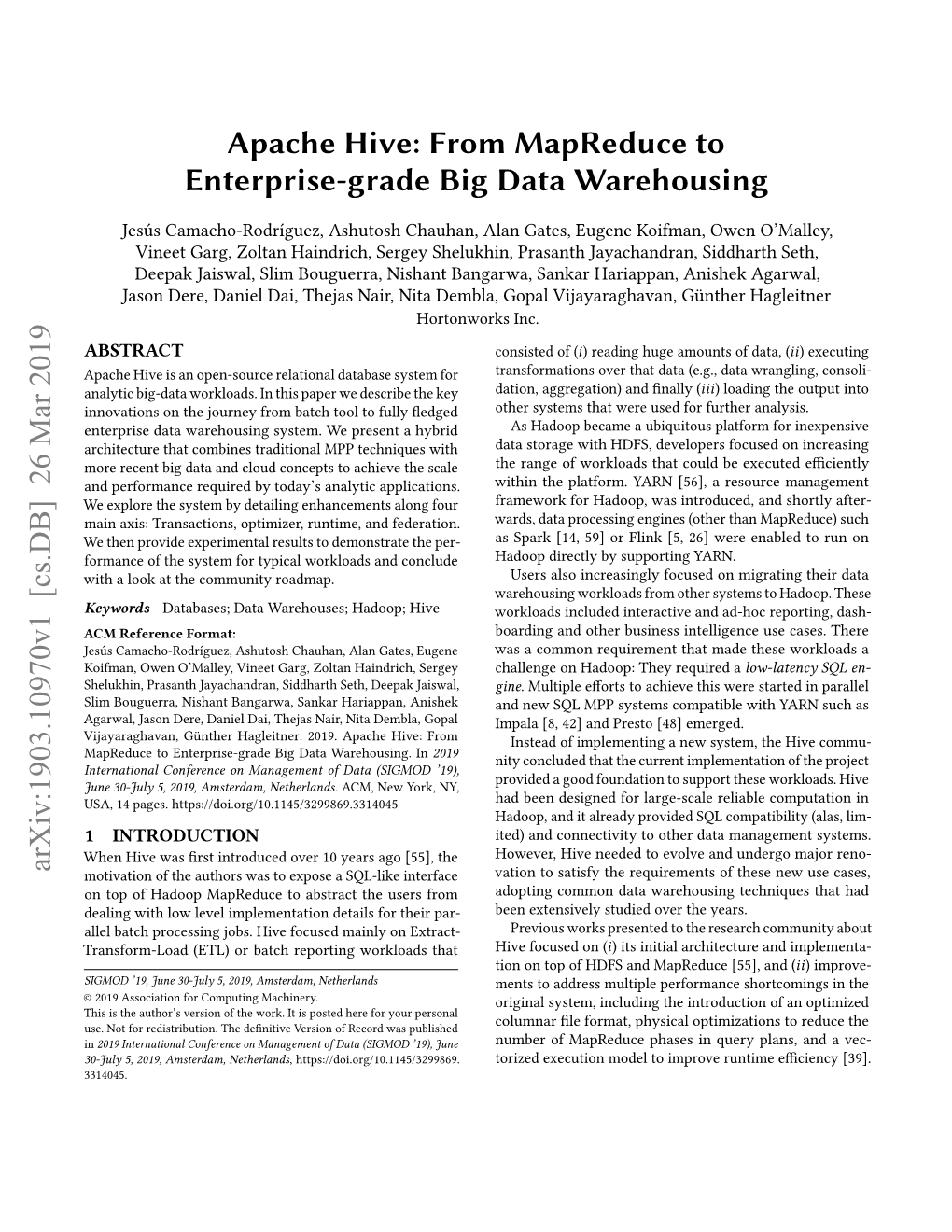 Apache Hive: from Mapreduce Toenterprise-Grade Big Data
