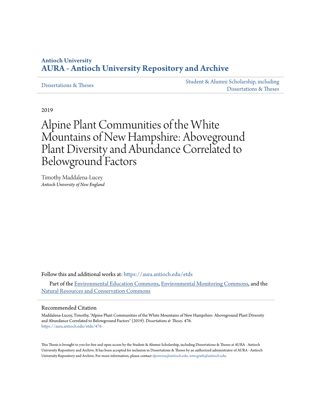 Alpine Plant Communities of the White Mountains of New Hampshire