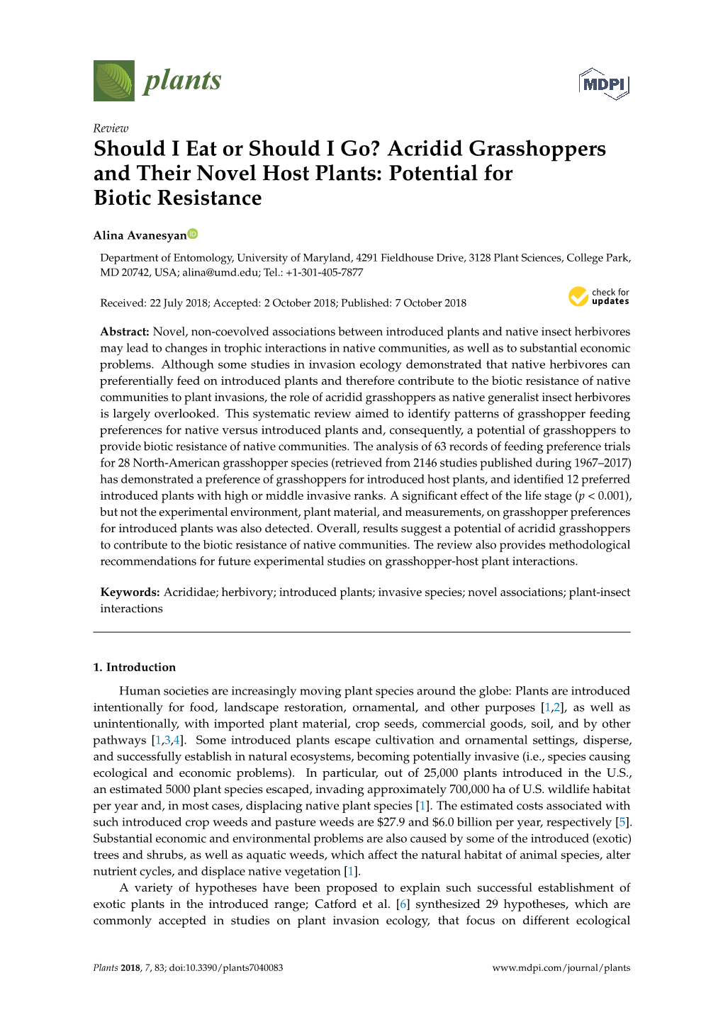 Acridid Grasshoppers and Their Novel Host Plants: Potential for Biotic Resistance