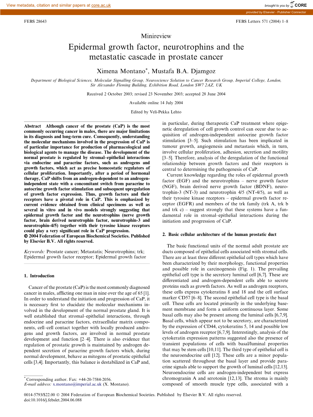 Epidermal Growth Factor, Neurotrophins and the Metastatic Cascade in Prostate Cancer