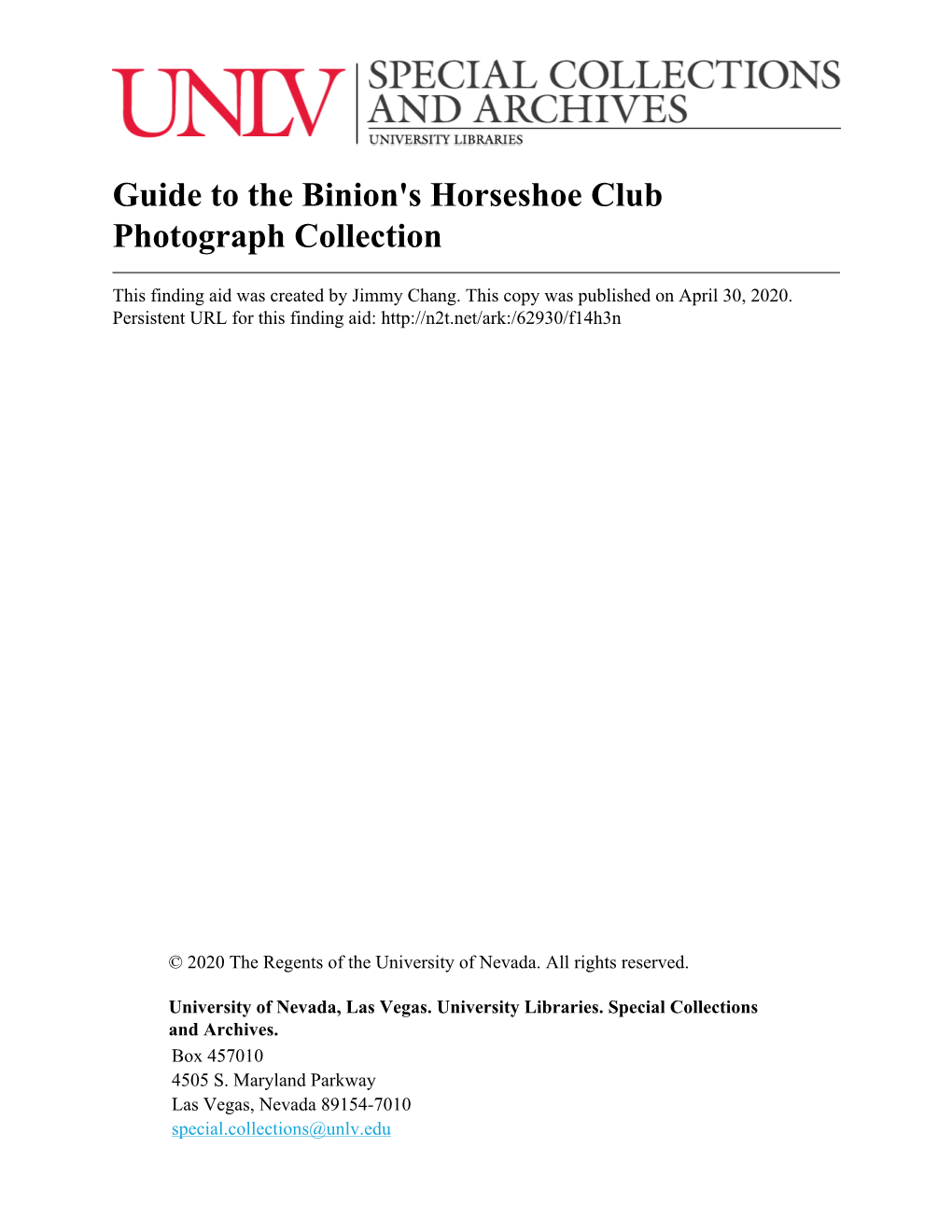 Guide to the Binion's Horseshoe Club Photograph Collection