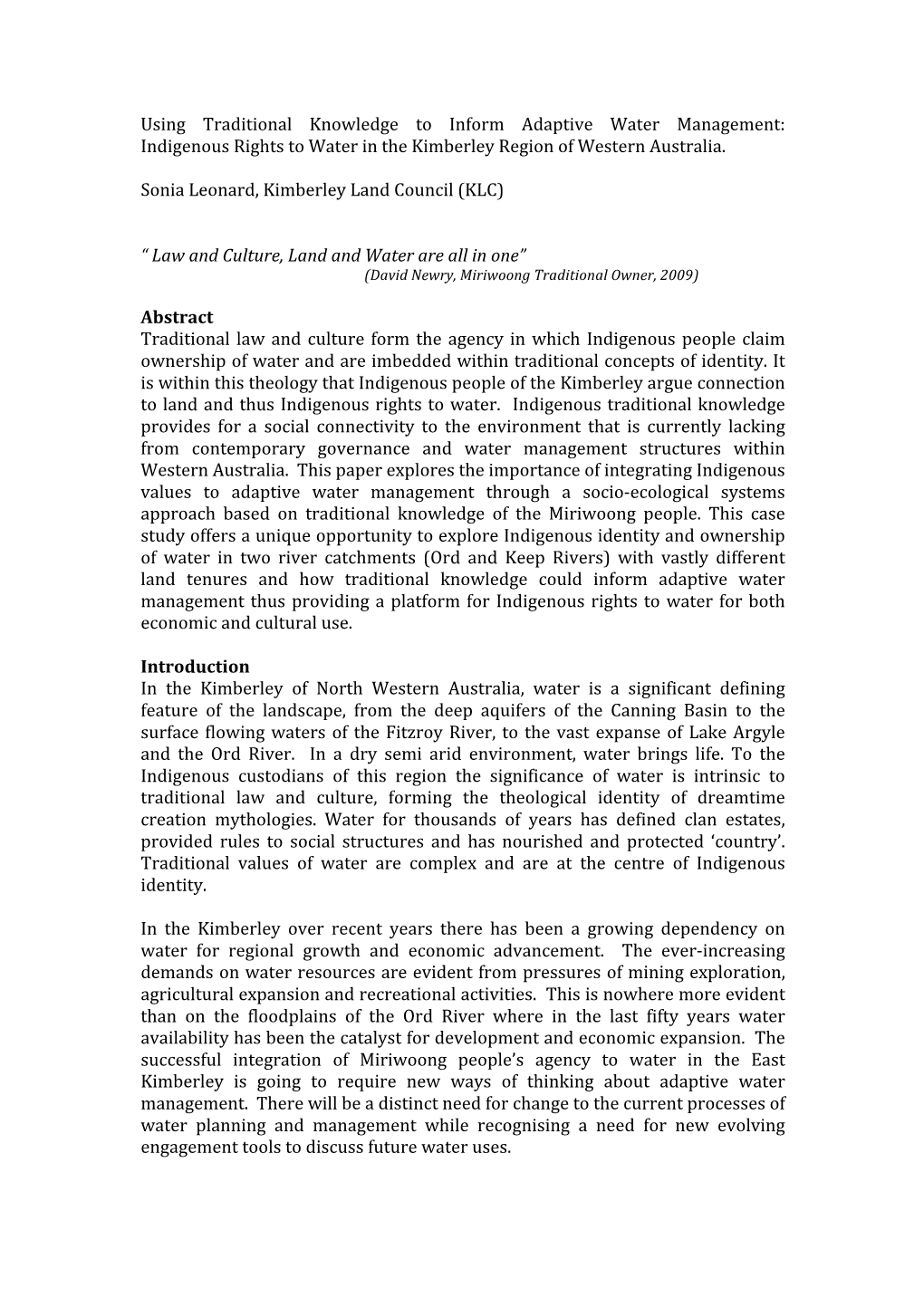 Using Traditional Knowledge to Inform Adaptive Water Management: Indigenous Rights to Water in the Kimberley Region of Western Australia