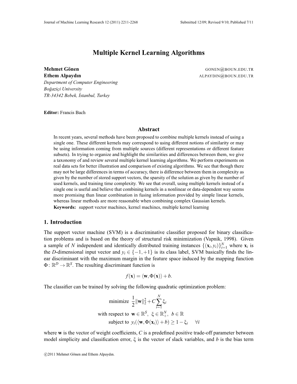 Multiple Kernel Learning Algorithms