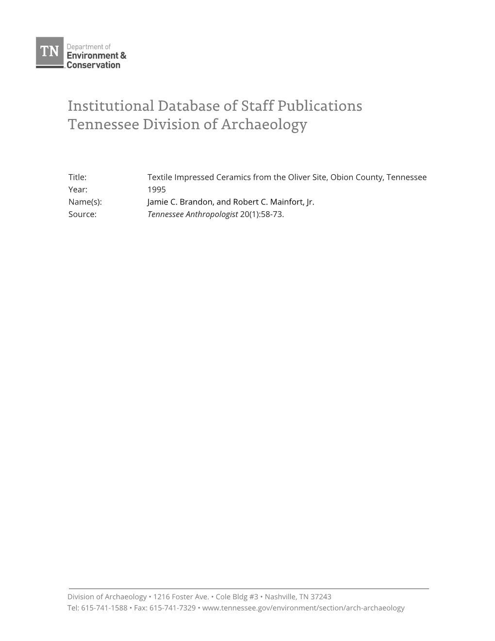 Institutional Database of Staff Publications Tennessee Division of Archaeology