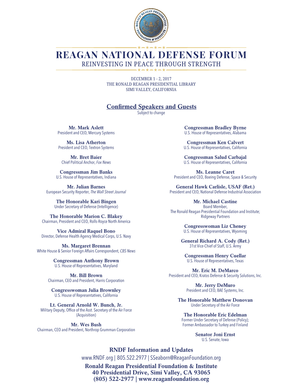 Reagan National Defense Forum Reinvesting in Peace Through Strength