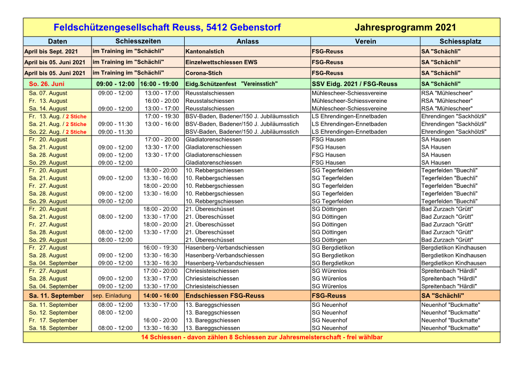 Jahresprogramm 2021 Daten Schiesszeiten Anlass Verein Schiessplatz April Bis Sept