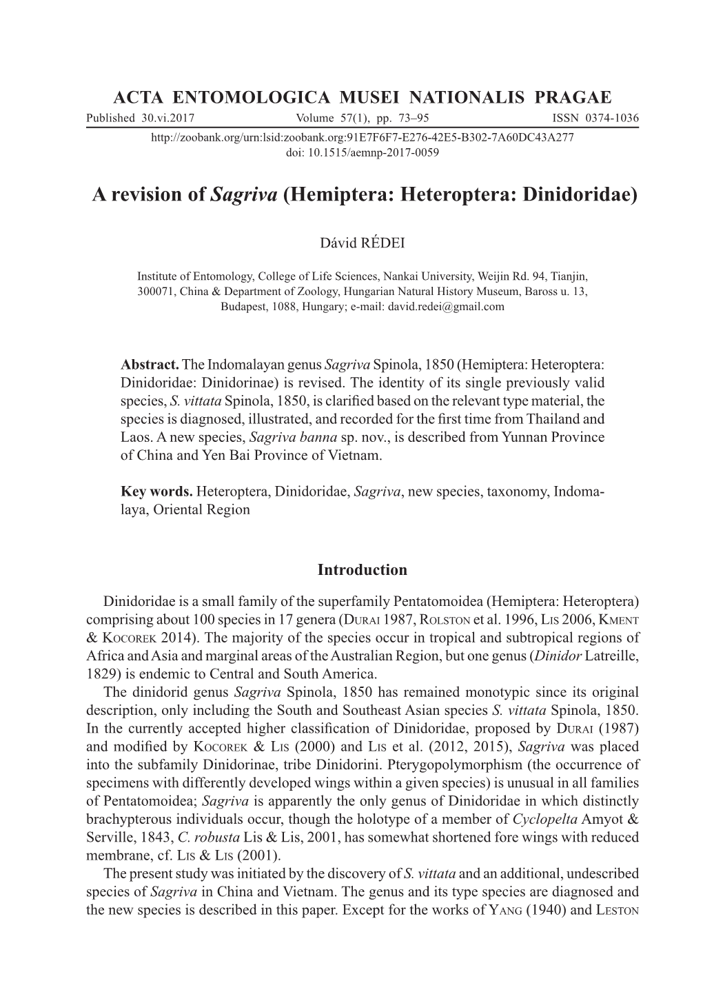 A Revision of Sagriva (Hemiptera: Heteroptera: Dinidoridae)