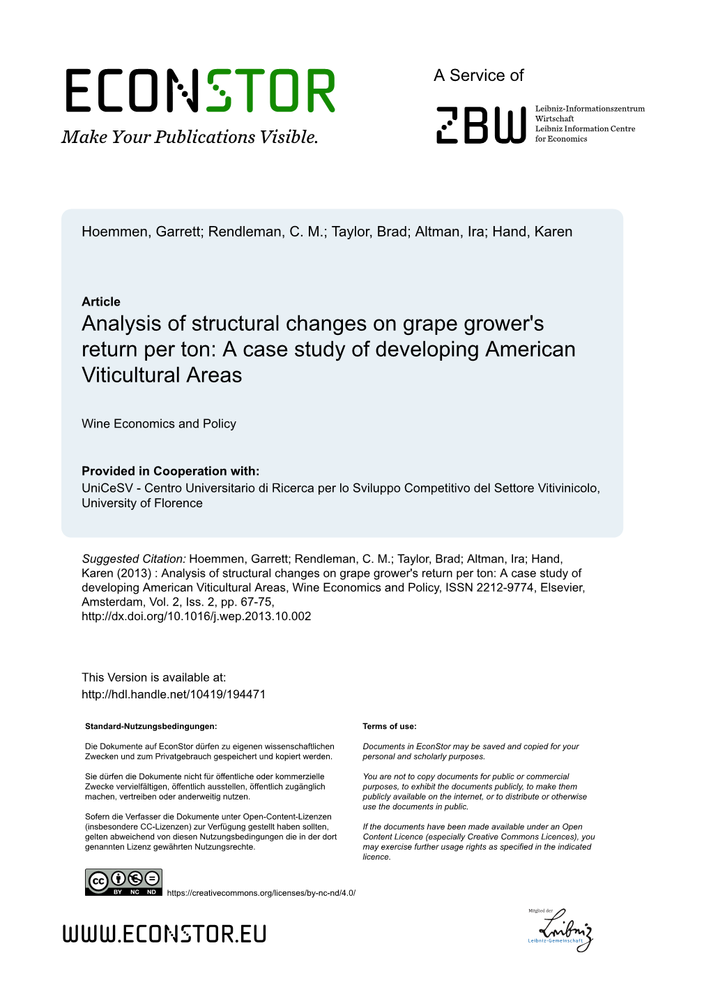 Analysis of Structural Changes on Grape Grower's Return Per Ton a Case Study of Developing American Viticultural Areas