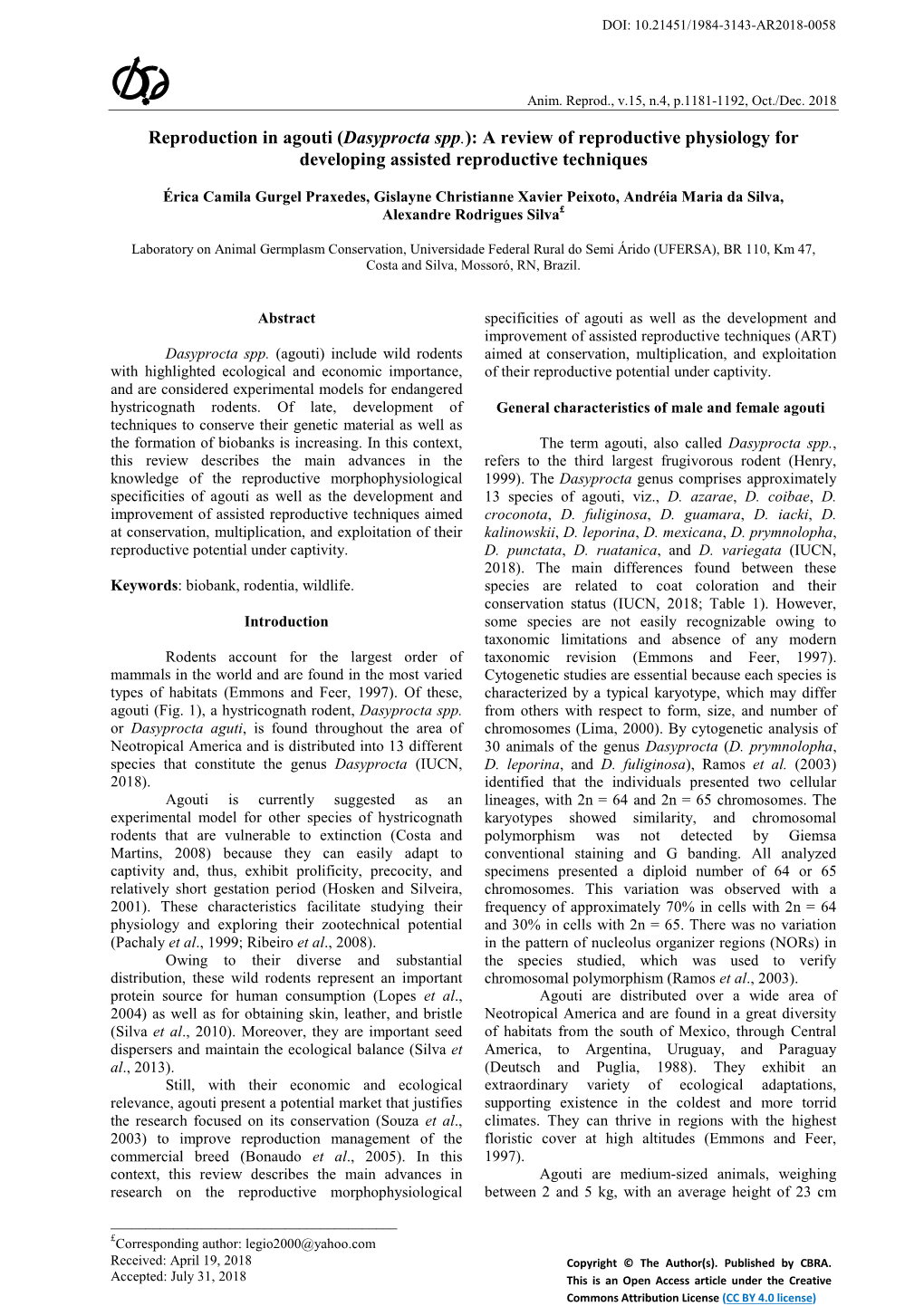 Reproduction in Agouti (Dasyprocta Spp.): a Review of Reproductive Physiology for Developing Assisted Reproductive Techniques