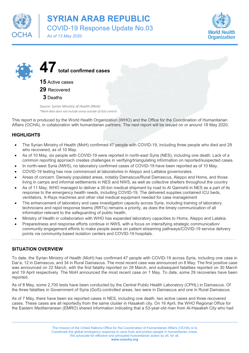 SYRIAN ARAB REPUBLIC COVID-19 Response Update No.03 As of 13 May 2020