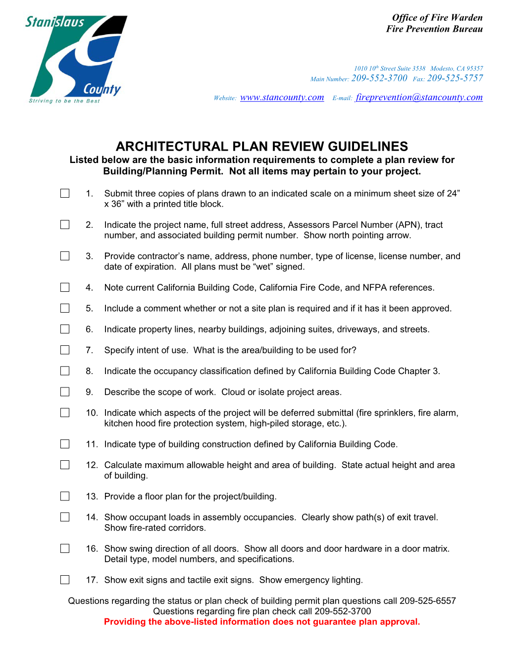 ARCHITECTURAL PLAN REVIEW GUIDELINES Listed Below Are the Basic Information Requirements to Complete a Plan Review for Building/Planning Permit