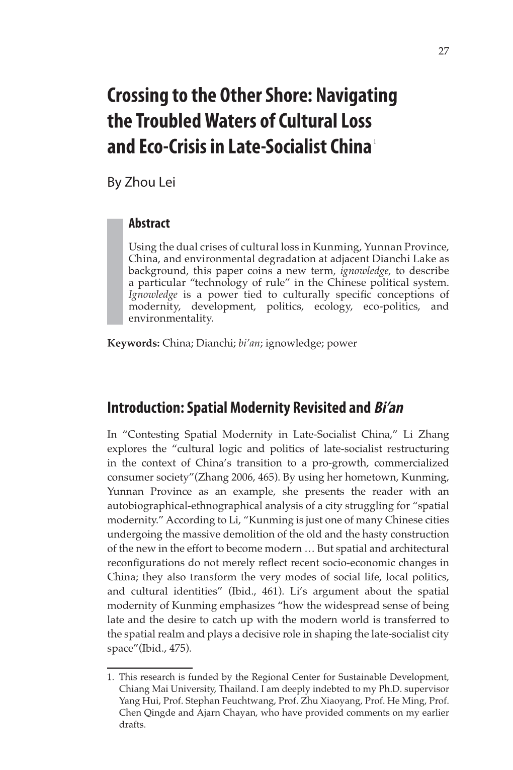 Crossing to the Other Shore: Navigating the Troubled Waters of Cultural Loss and Eco-Crisis in Late-Socialist China 1