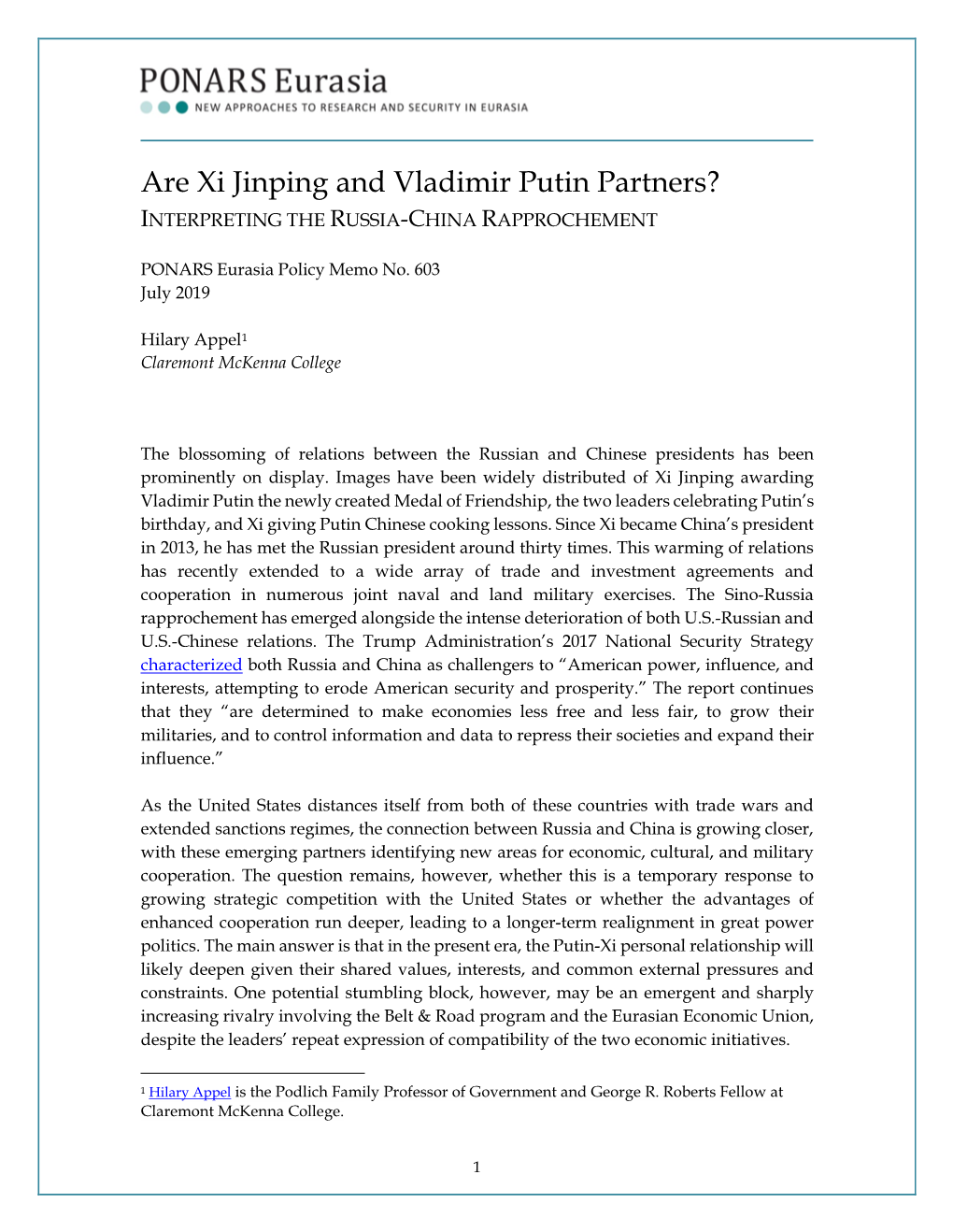 Are Xi Jinping and Vladimir Putin Partners? INTERPRETING the RUSSIA-CHINA RAPPROCHEMENT