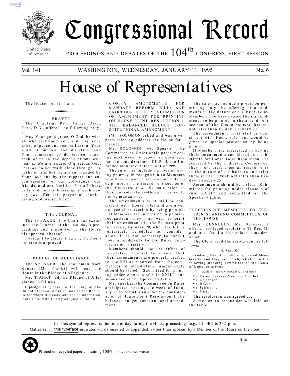 Congressional Record United States Th of America PROCEEDINGS and DEBATES of the 104 CONGRESS, FIRST SESSION