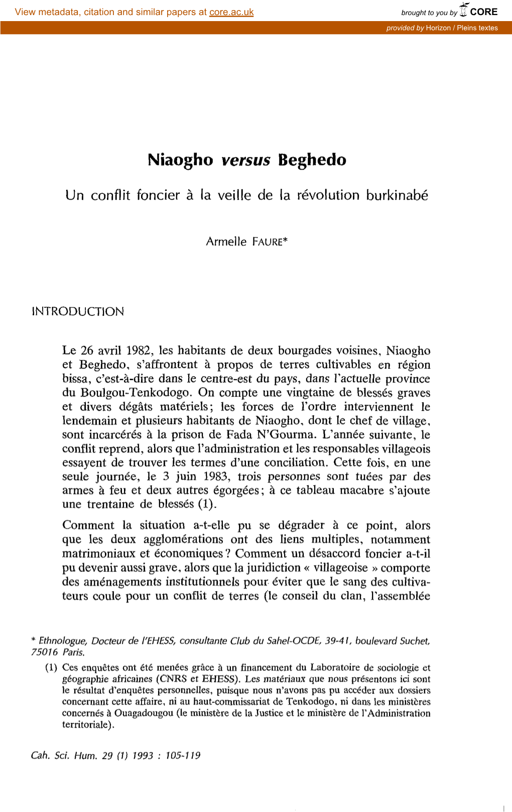 Niaogho Versus Beghedo : Un Conflit Foncier À La Veille De La Révolution