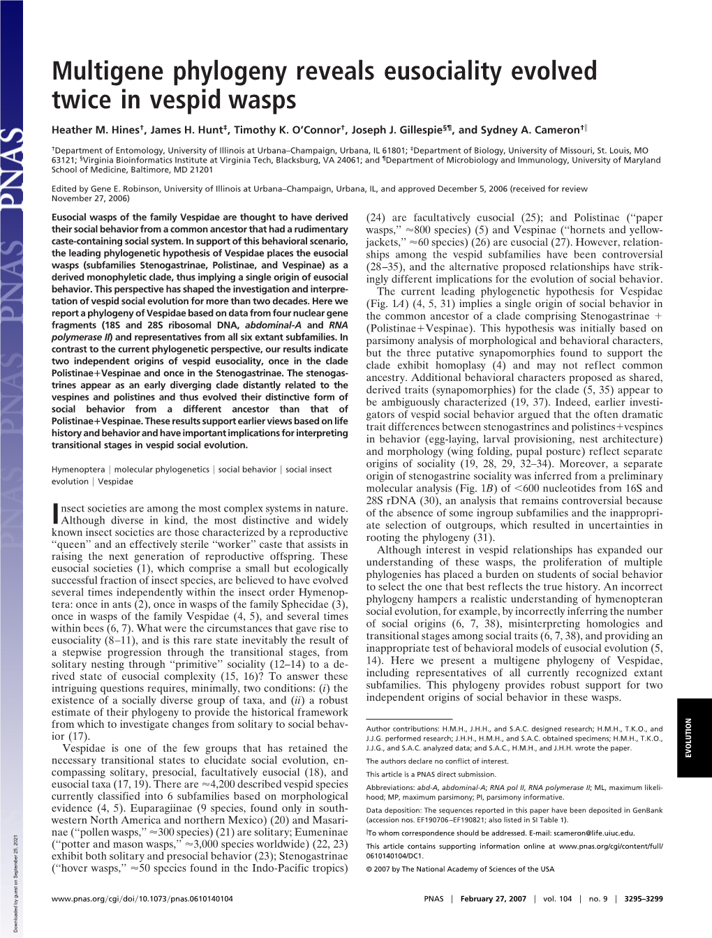 Multigene Phylogeny Reveals Eusociality Evolved Twice in Vespid Wasps