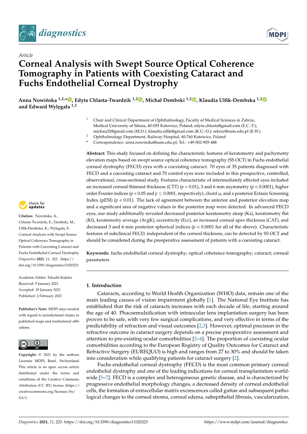Corneal Analysis with Swept Source Optical Coherence Tomography in Patients with Coexisting Cataract and Fuchs Endothelial Corneal Dystrophy