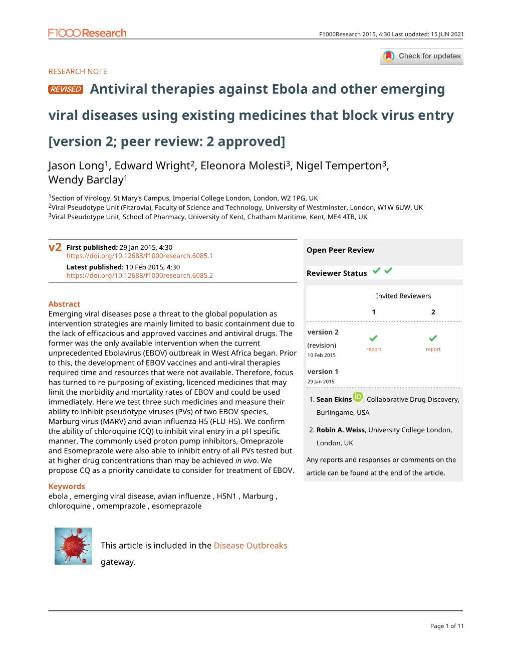 Antiviral Therapies Against Ebola and Other Emerging Viral Diseases Using Existing Medicines That Block Virus Entry [Version 2; Peer Review: 2 Approved]