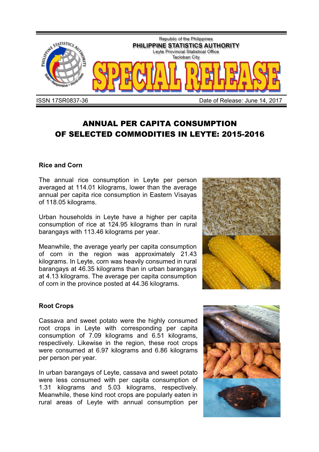 Annual Per Capita Consumption of Selected Commodities in Leyte: 2015-2016