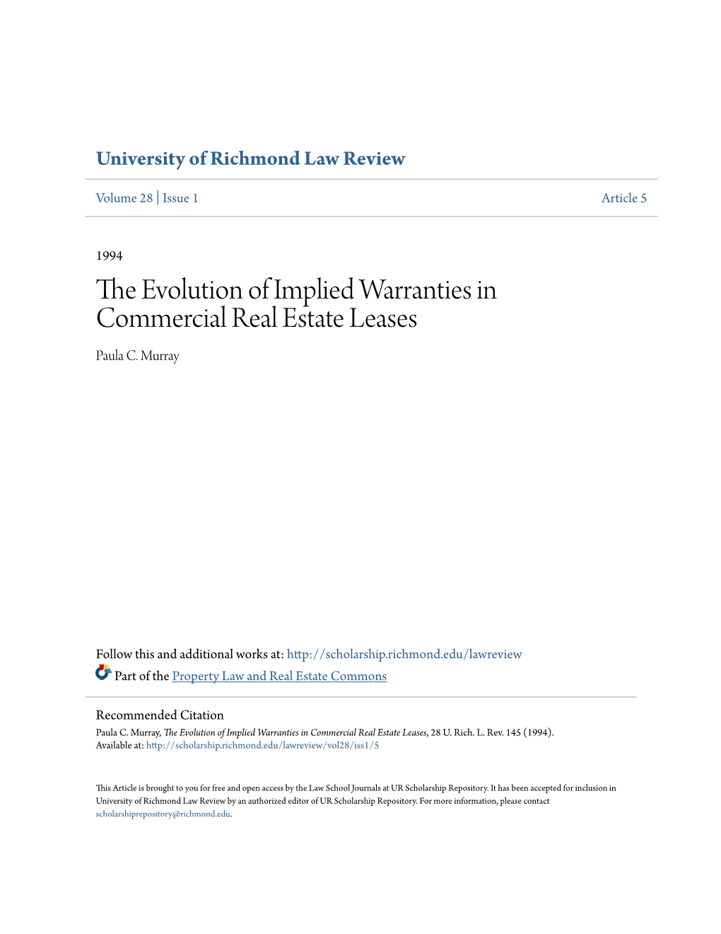 The Evolution of Implied Warranties in Commercial Real Estate Leases, 28 U