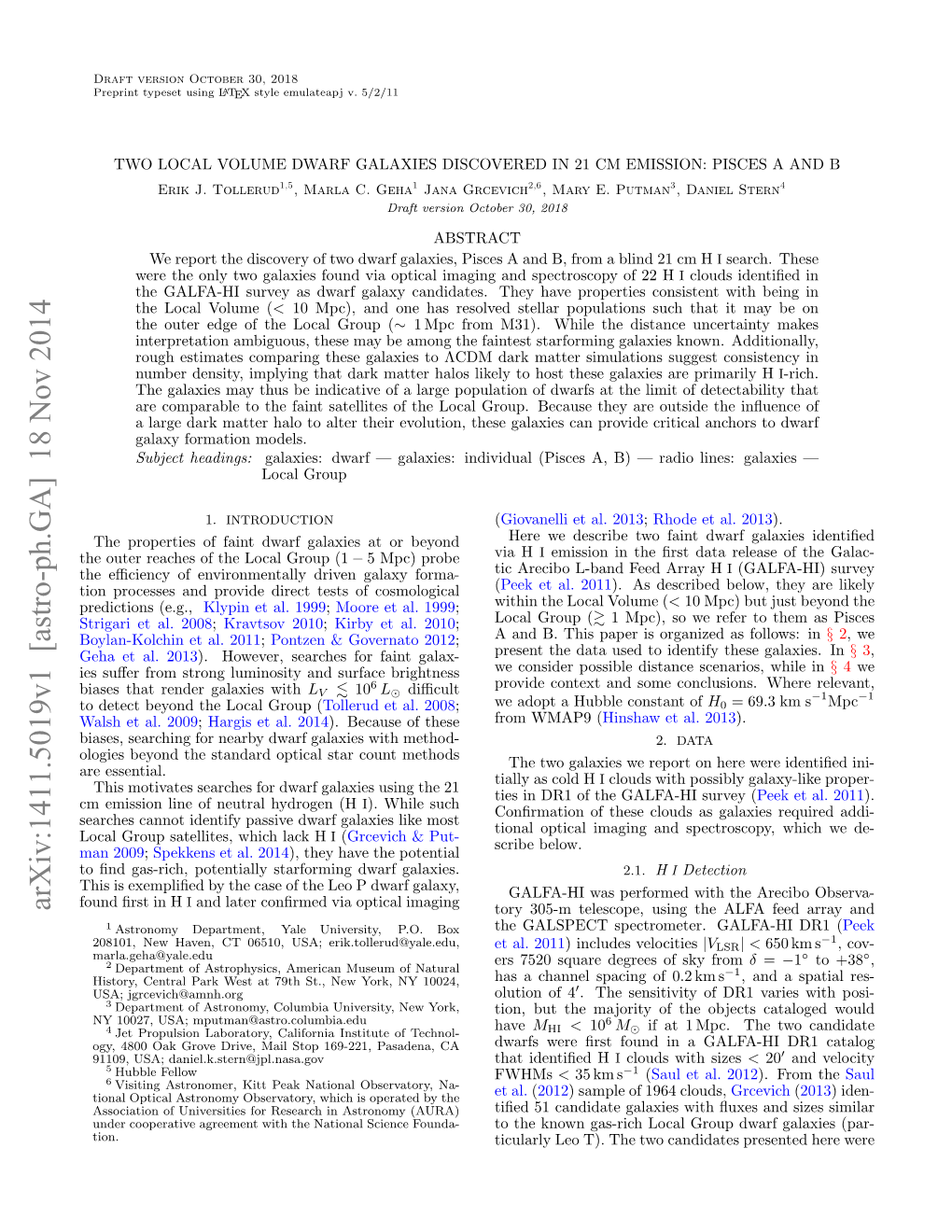 Arxiv:1411.5019V1 [Astro-Ph.GA] 18 Nov 2014 Tory 305-M Telescope, Using the ALFA Feed Array and 1 Astronomy Department, Yale University, P.O