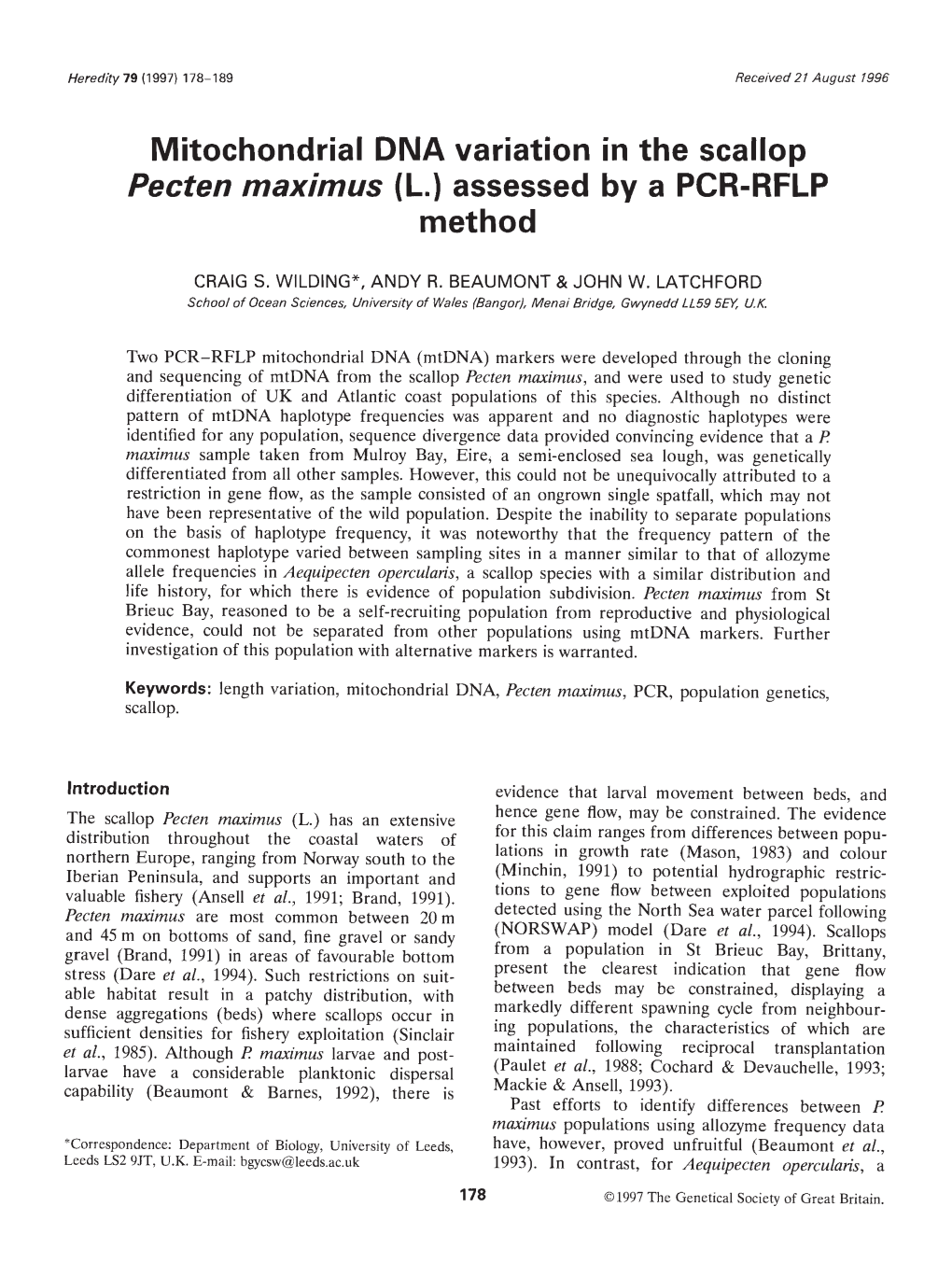 Mitochondrial DNA Variation in the Scallop Pecten Maximus (L.) Assessed by a PCR-RFLP Method