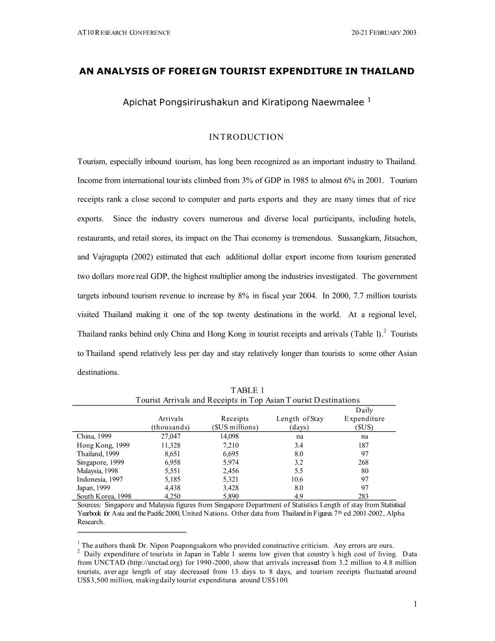 An Analysis of Foreign Tourist Expenditure In