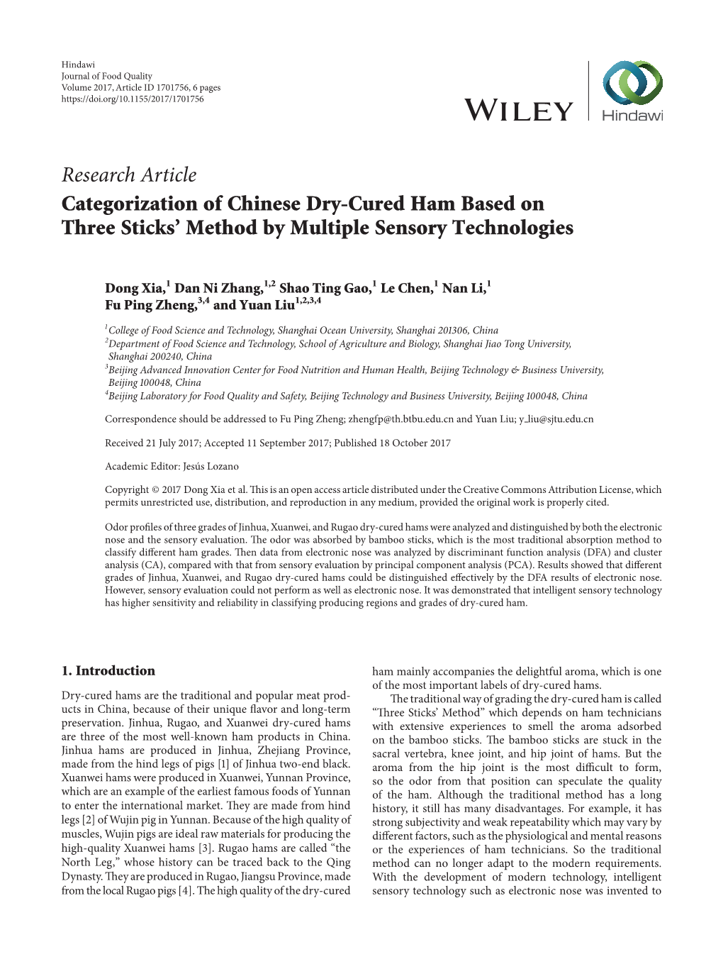 Categorization of Chinese Dry-Cured Ham Based on Three Sticks’ Method by Multiple Sensory Technologies