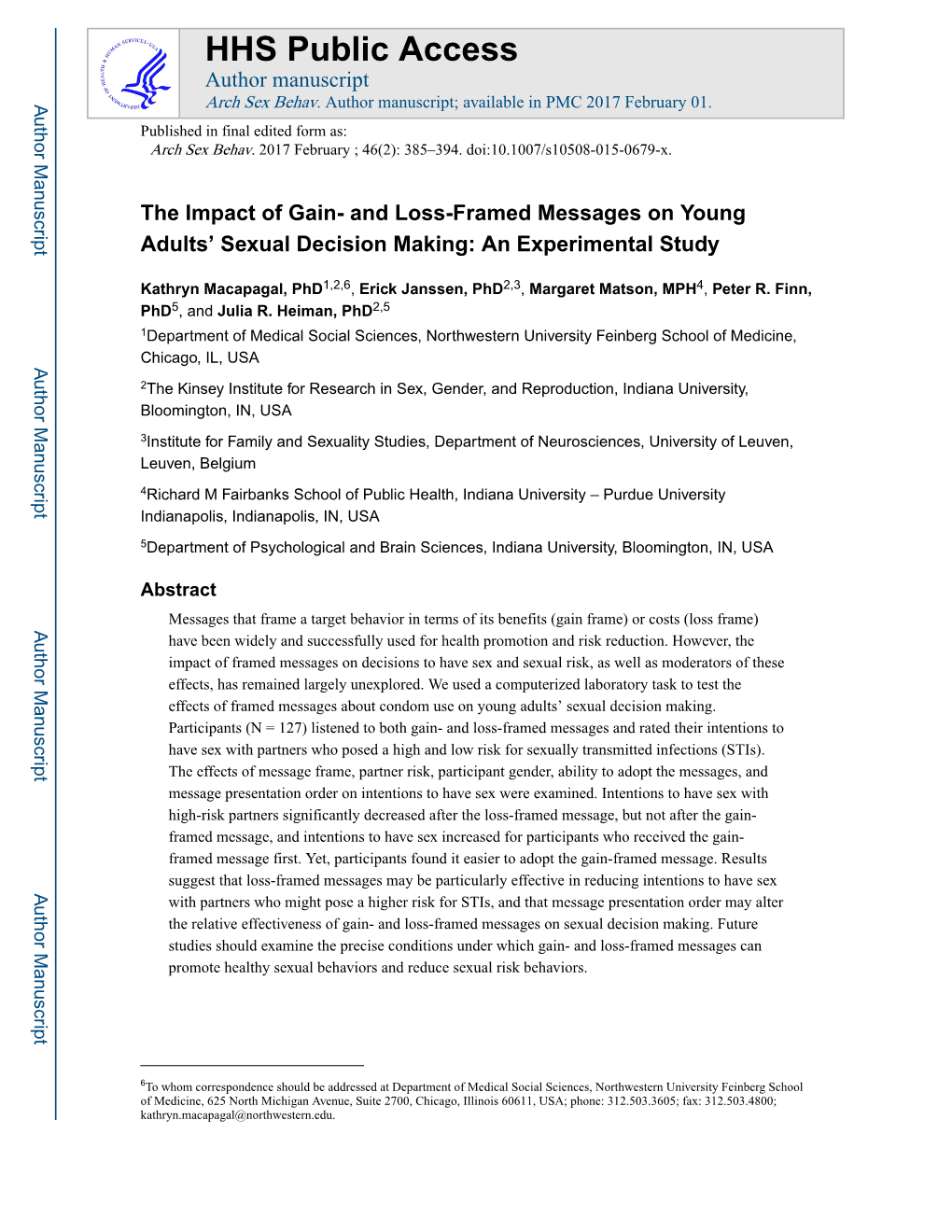 The Impact of Gain- and Loss-Framed Messages on Young Adults' Sexual