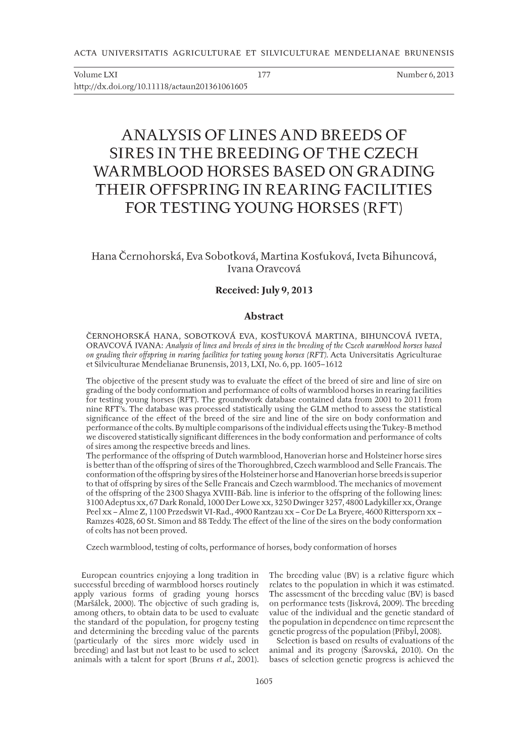 Analysis of Lines and Breeds of Sires in the Breeding of the Czech Warmblood Horses Based on Grading Their Offspring in Rearing Facilities