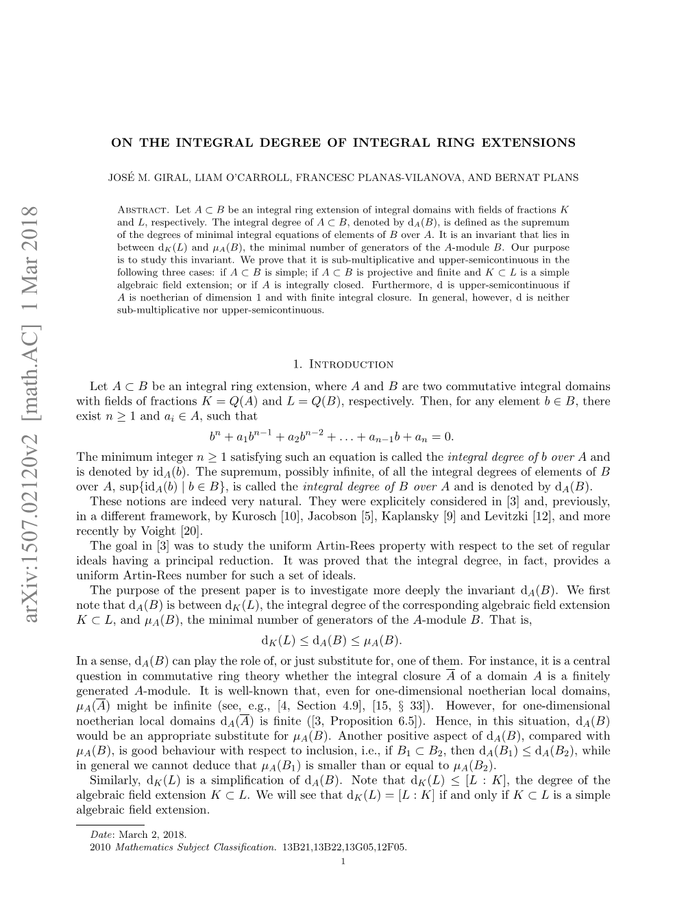 Arxiv:1507.02120V2 [Math.AC] 1 Mar 2018 Leri Edextension