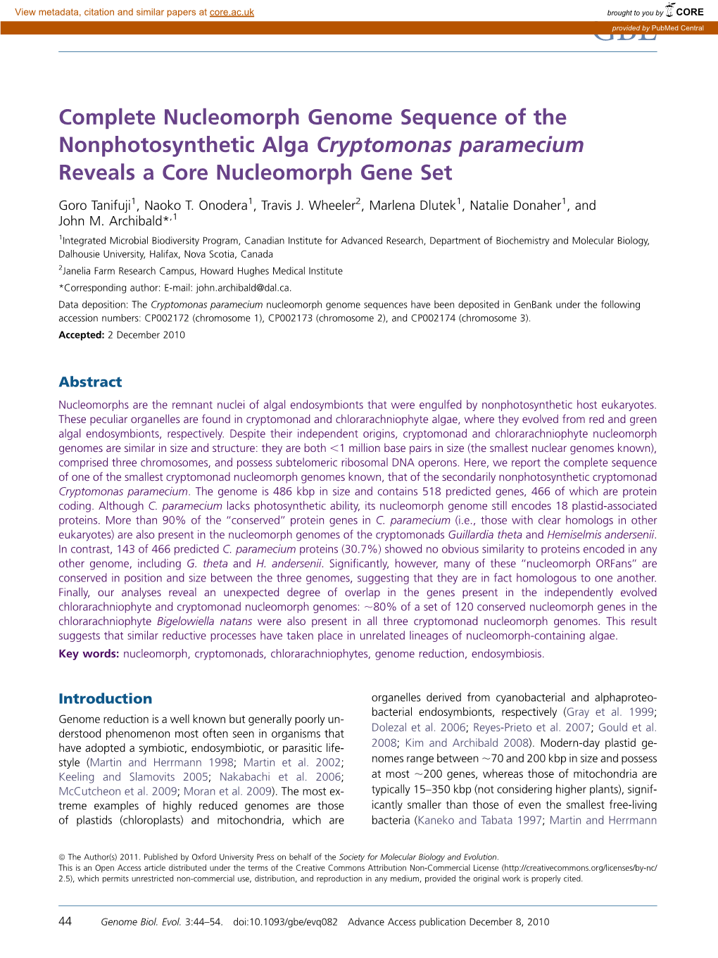 Complete Nucleomorph Genome Sequence of the Nonphotosynthetic Alga Cryptomonas Paramecium Reveals a Core Nucleomorph Gene Set