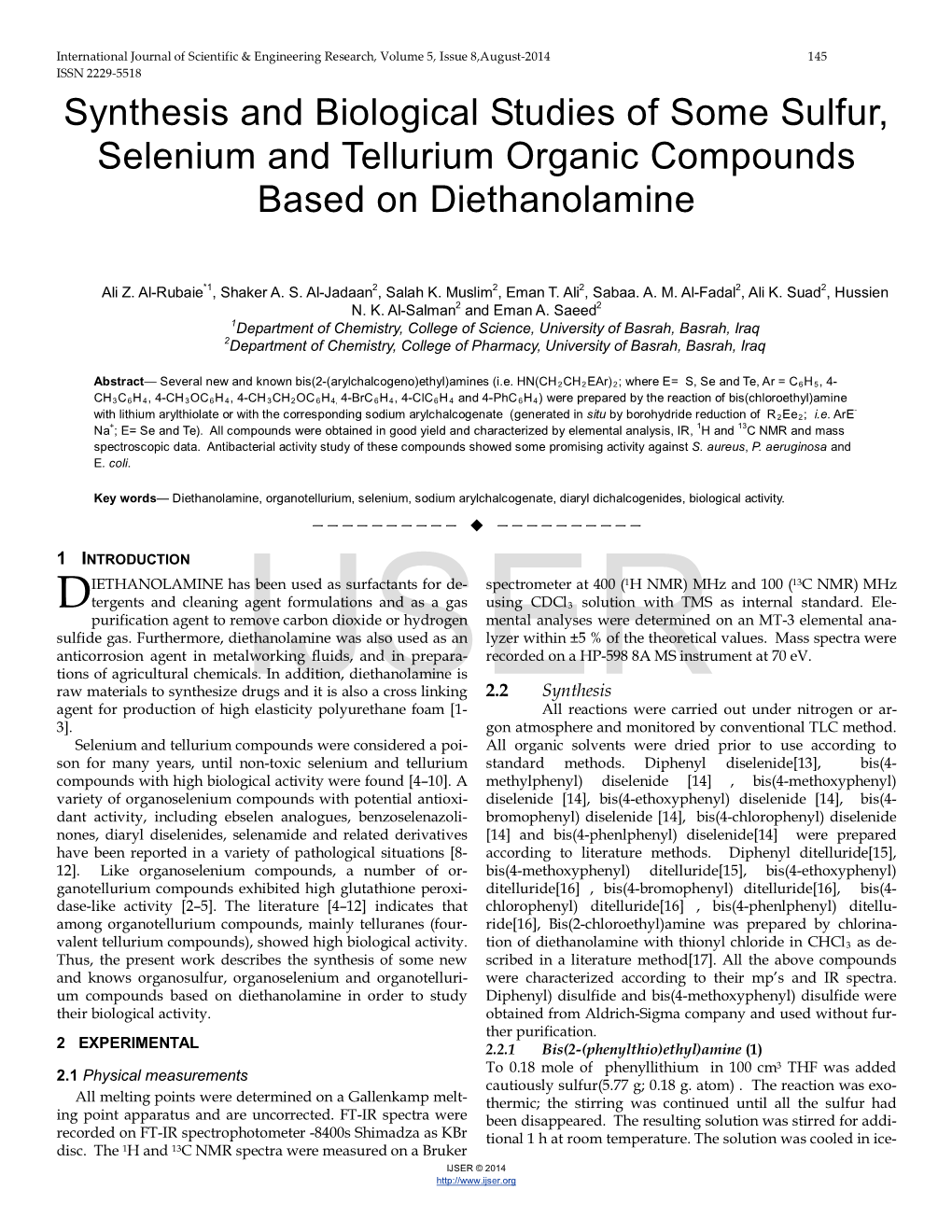 Synthesis and Biological Studies of Some Sulfur, Selenium and Tellurium Organic Compounds Based on Diethanolamine