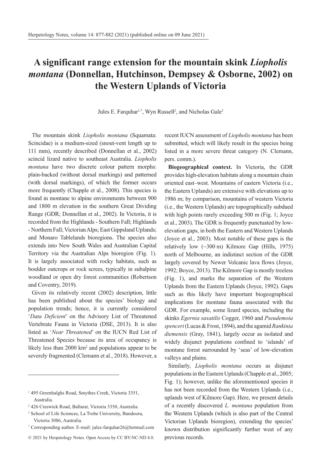 A Significant Range Extension for the Mountain Skink Liopholis Montana (Donnellan, Hutchinson, Dempsey & Osborne, 2002) on the Western Uplands of Victoria