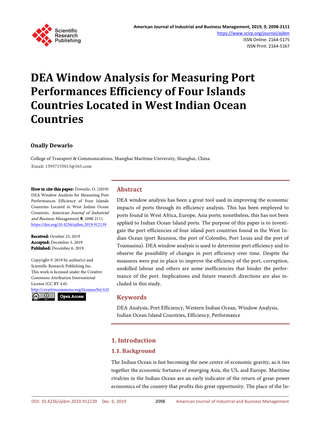 DEA Window Analysis for Measuring Port Performances Efficiency of Four Islands Countries Located in West Indian Ocean Countries
