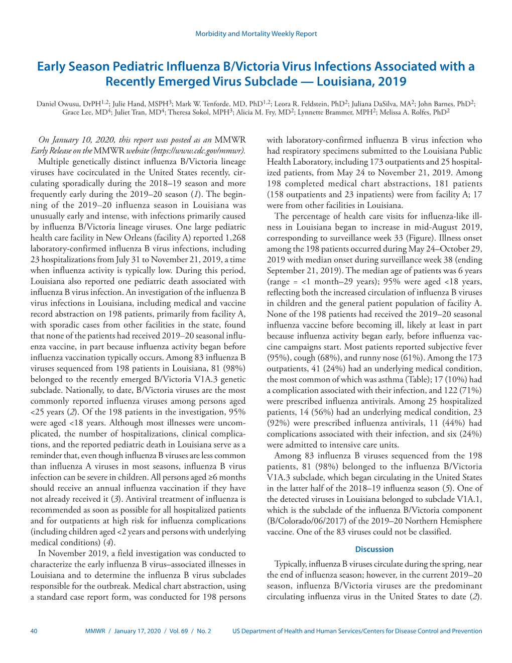 MMWR with Laboratory-Confirmed Influenza B Virus Infection Who Early Release on the MMWR Website (