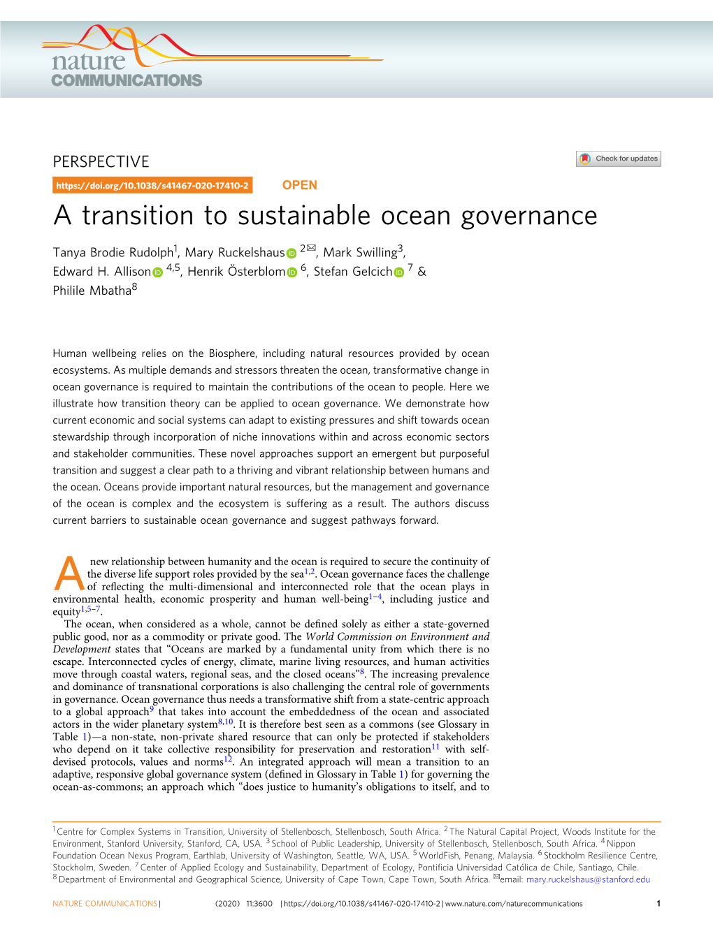 A Transition to Sustainable Ocean Governance ✉ Tanya Brodie Rudolph1, Mary Ruckelshaus 2 , Mark Swilling3, Edward H