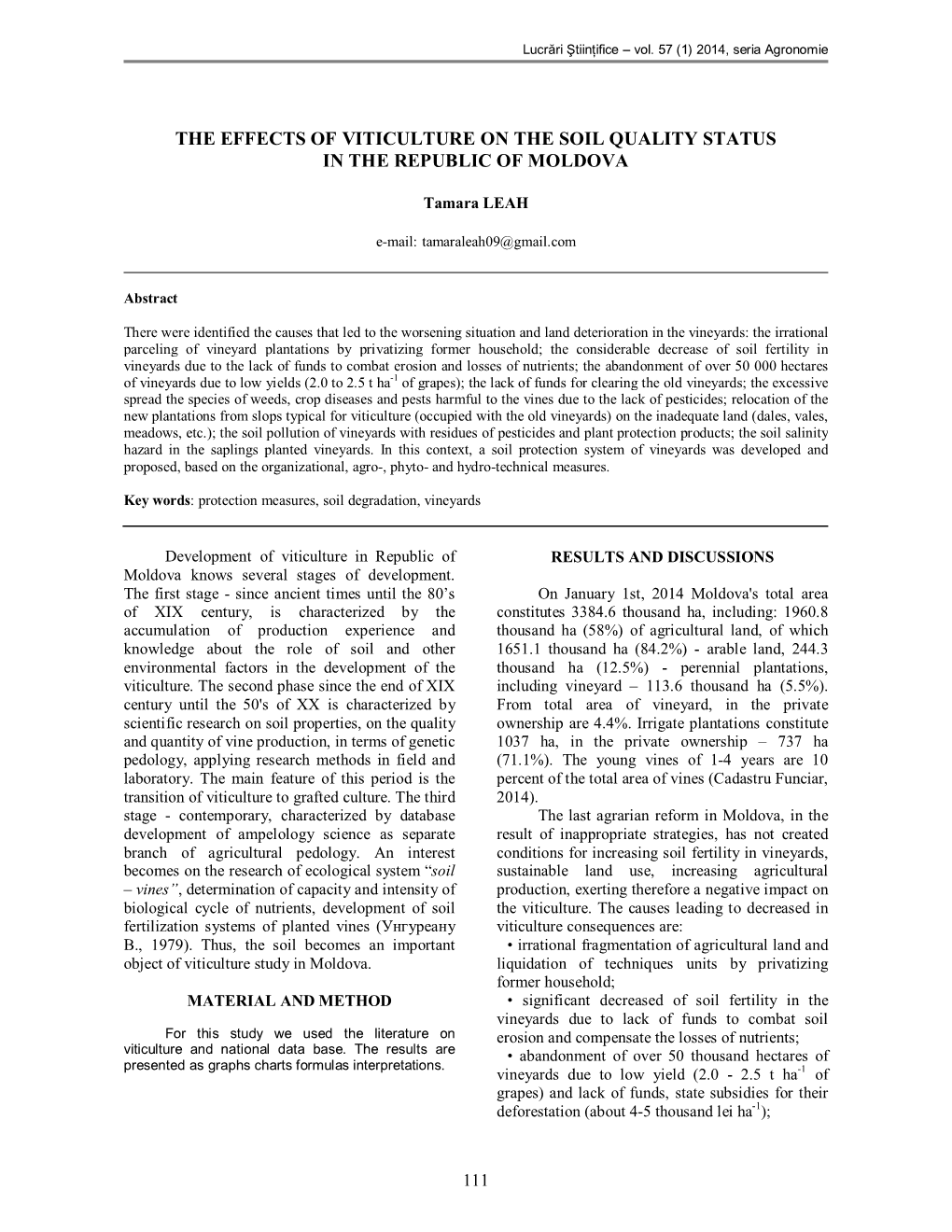 The Effects of Viticulture on the Soil Quality Status in the Republic of Moldova