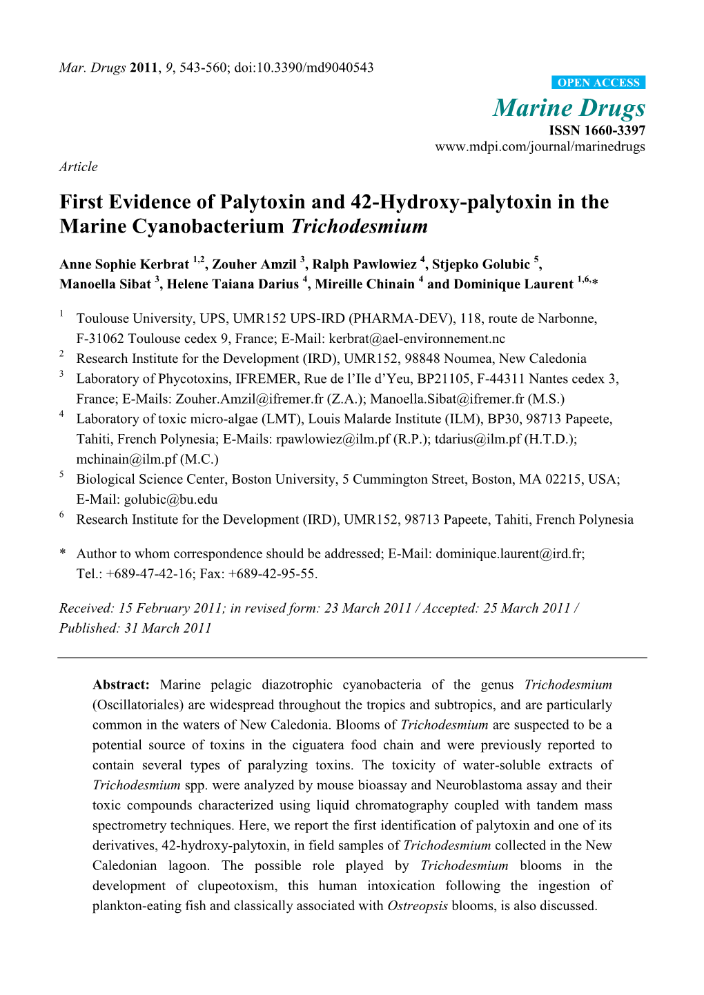 First Evidence of Palytoxin and 42-Hydroxy-Palytoxin in the Marine Cyanobacterium Trichodesmium