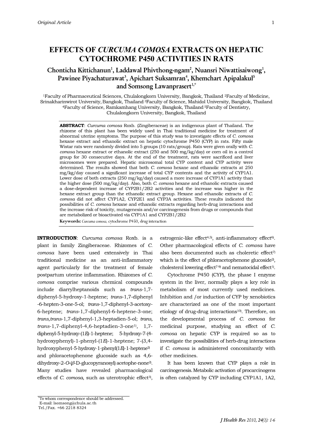 Effects of Curcuma Comosa Extracts on Hepatic Cytochrome P450 Activities in Rats