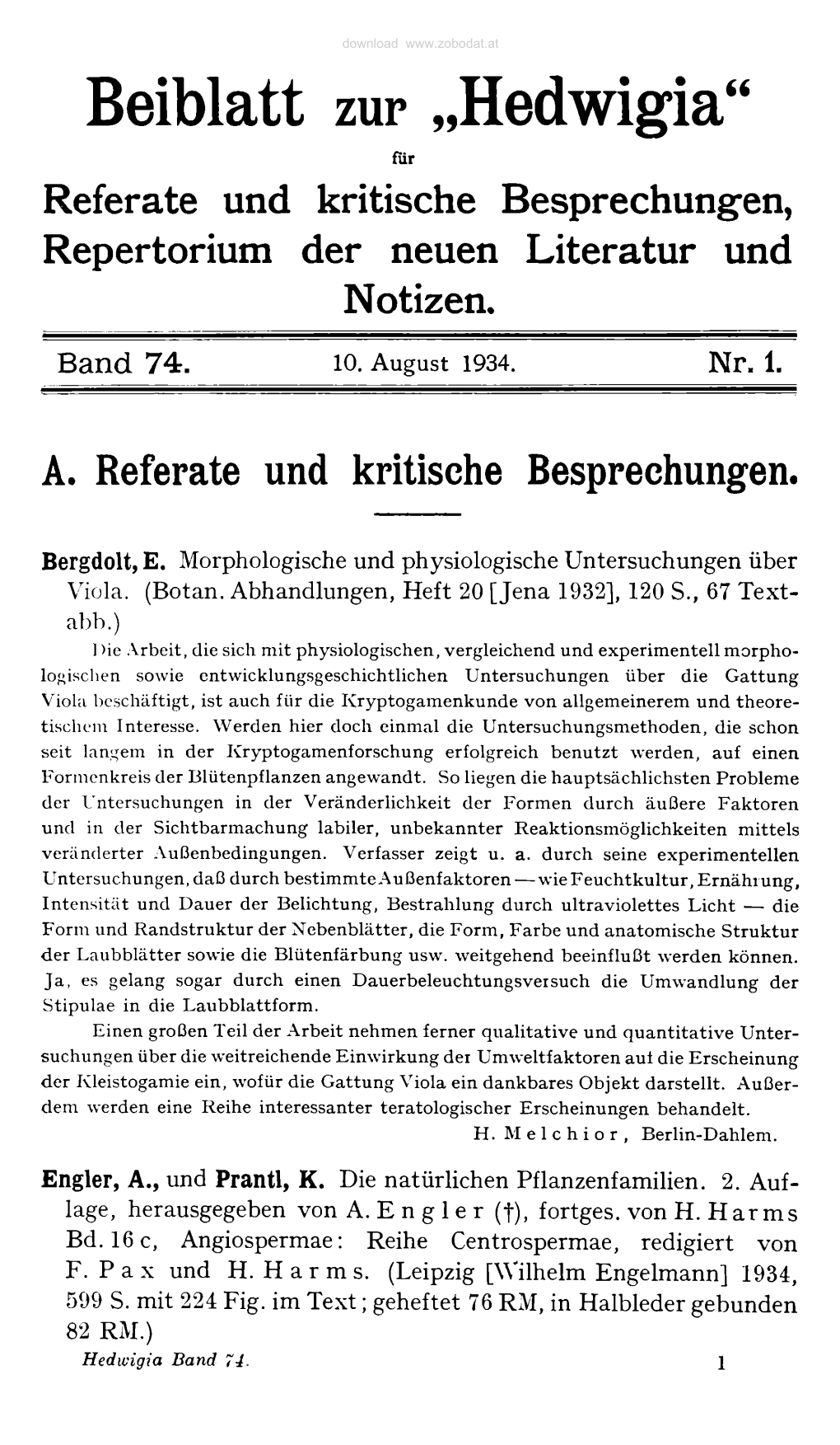 Beiblatt Zur „Hedwigia“ Für Referate Und Kritische Besprechungen, Repertorium Der Neuen Literatur Und Notizen