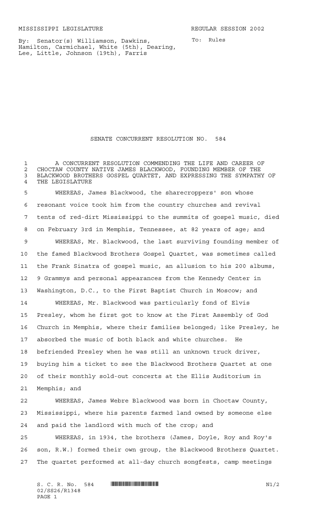 *SS26/R1348* MISSISSIPPI LEGISLATURE REGULAR SESSION 2002 By: Senator(S) Williamson, Dawkins, Hamilton, Carmichael, White (5Th)