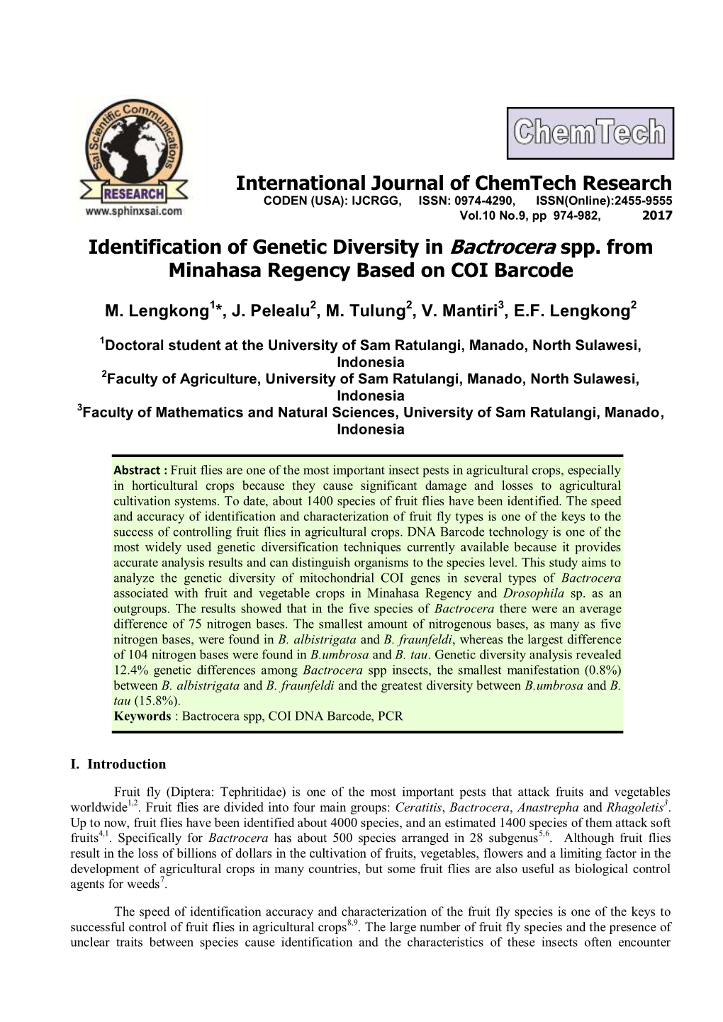 Identification of Genetic Diversity in Bactrocera Spp. from Minahasa Regency Based on COI Barcode International Journal of Chemt