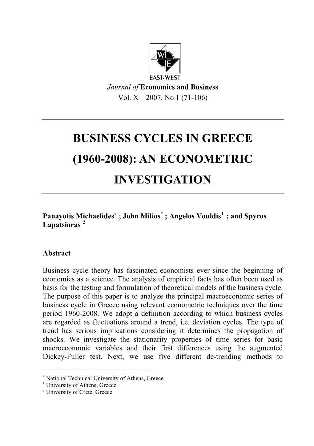 Business Cycles in Greece (1960-2008): an Econometric Investigation