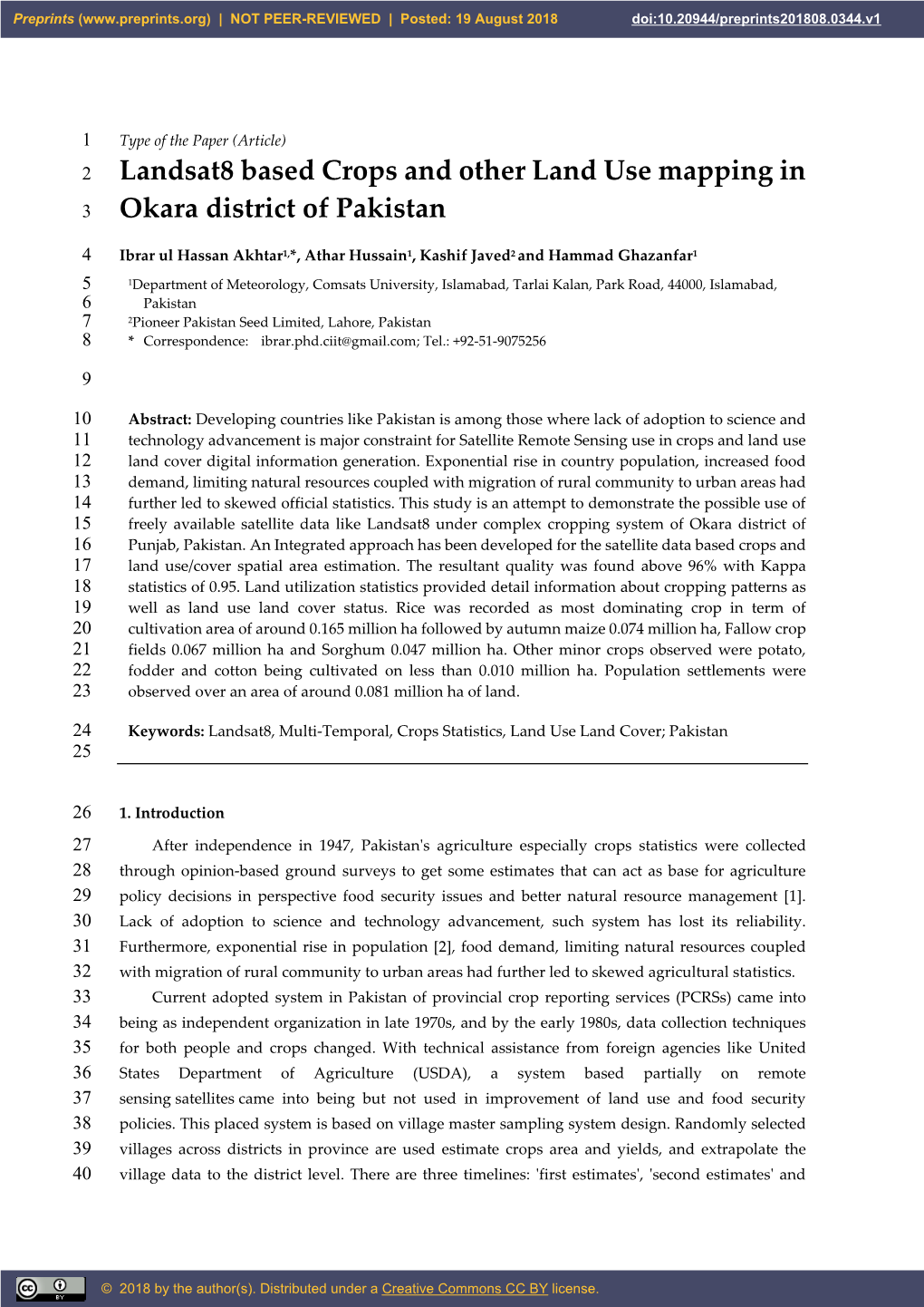 Landsat8 Based Crops and Other Land Use Mapping in Okara District